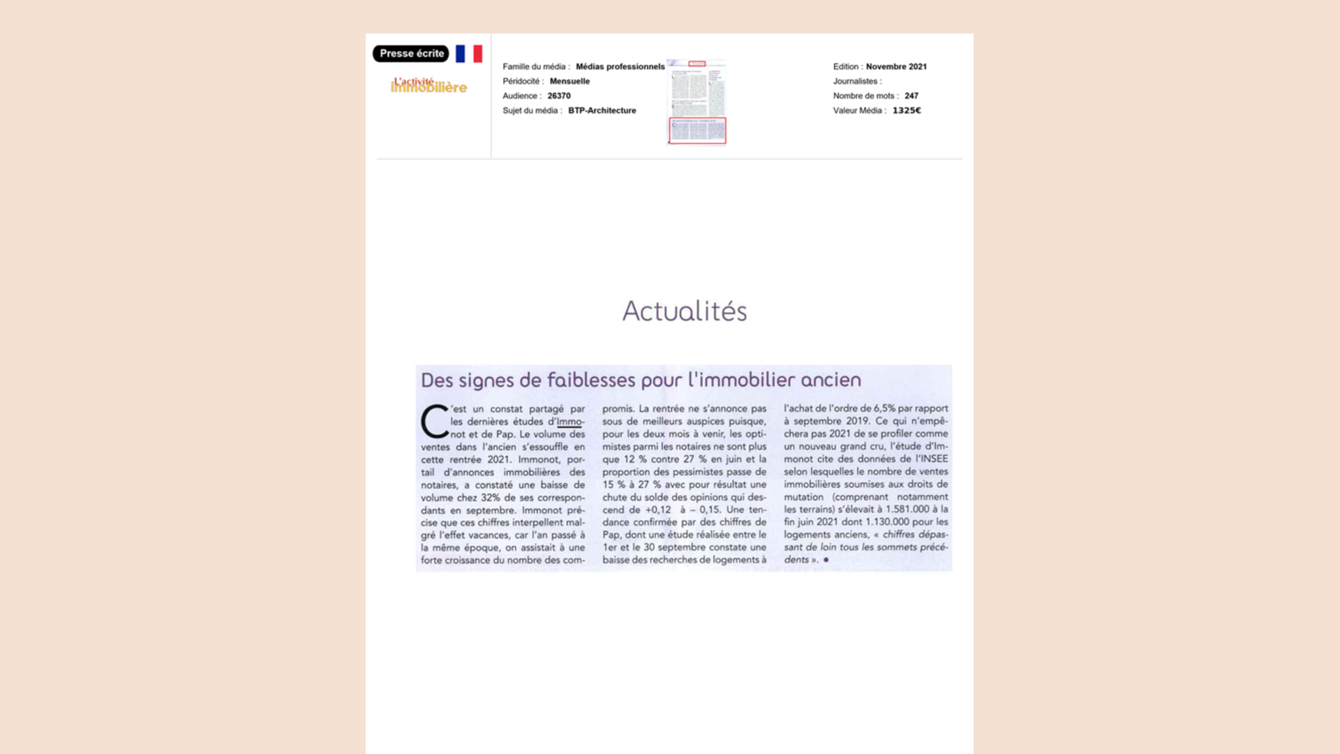 Article de L'Activité Immobilière : « Des signes de faiblesse pour l'immobilier »