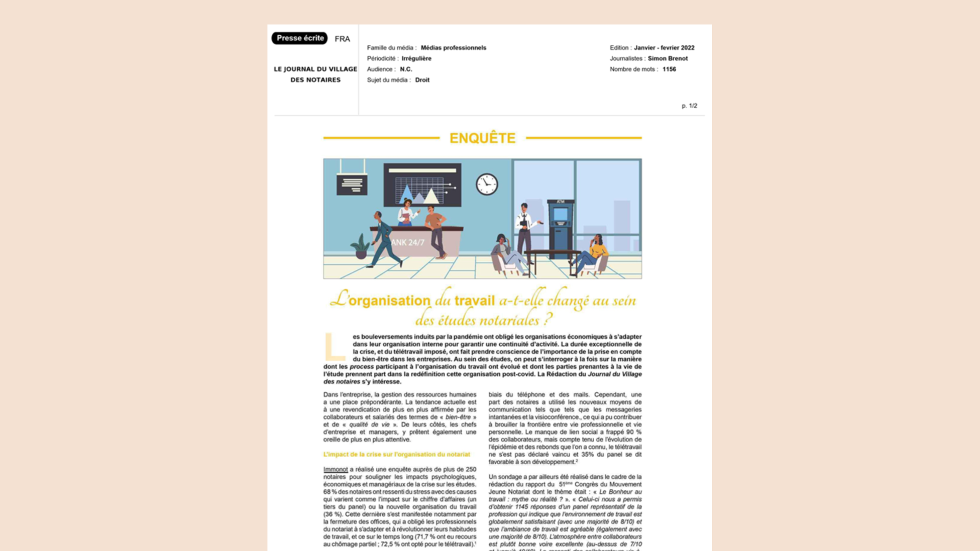 Article du Journal du Village des Notaires : « L'organisation du travail a-t-elle changé au sein des études notariales ? »