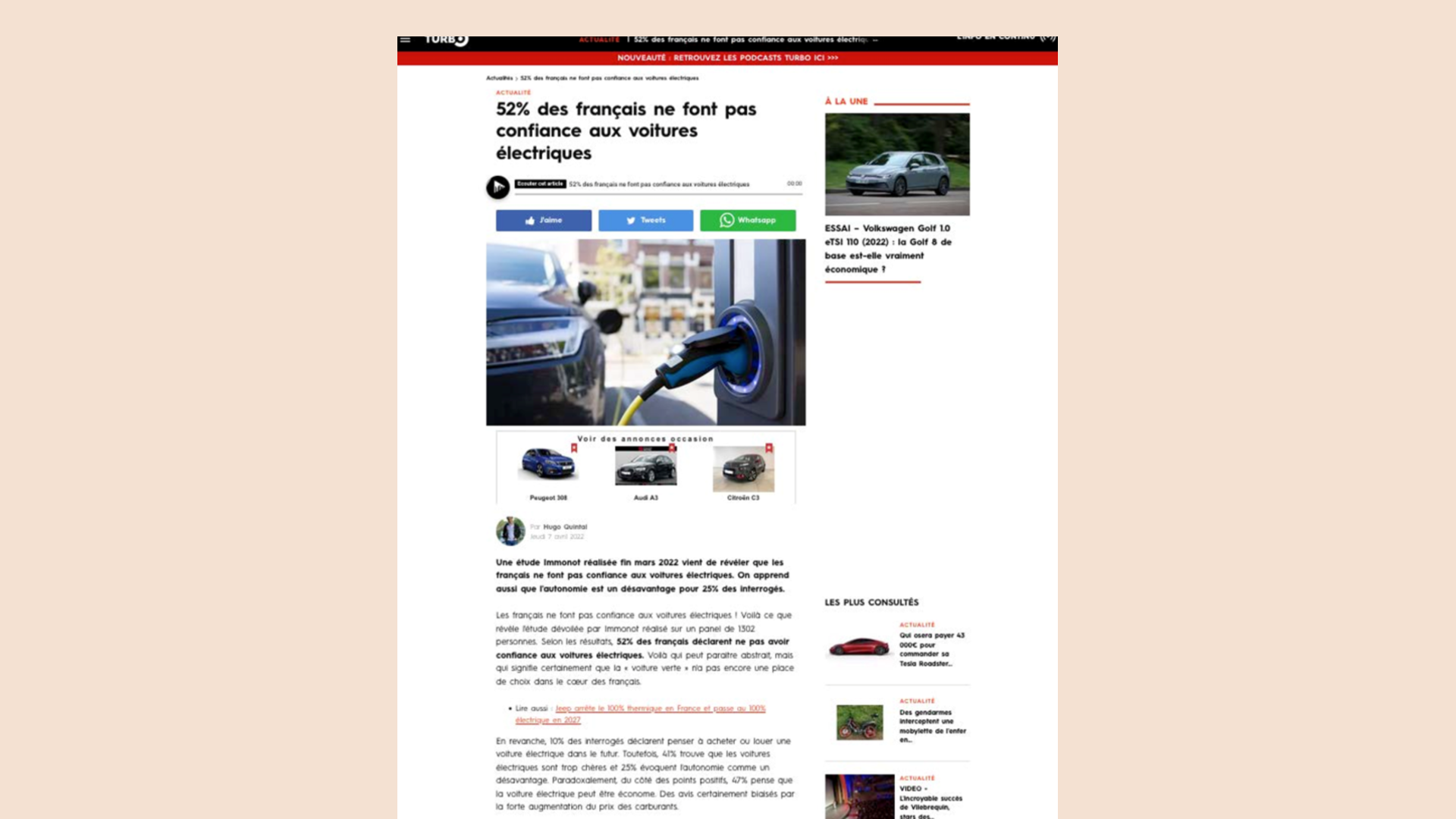 Article de Turbo : « 52 % des Français ne font pas confiance aux voitures électriques »
