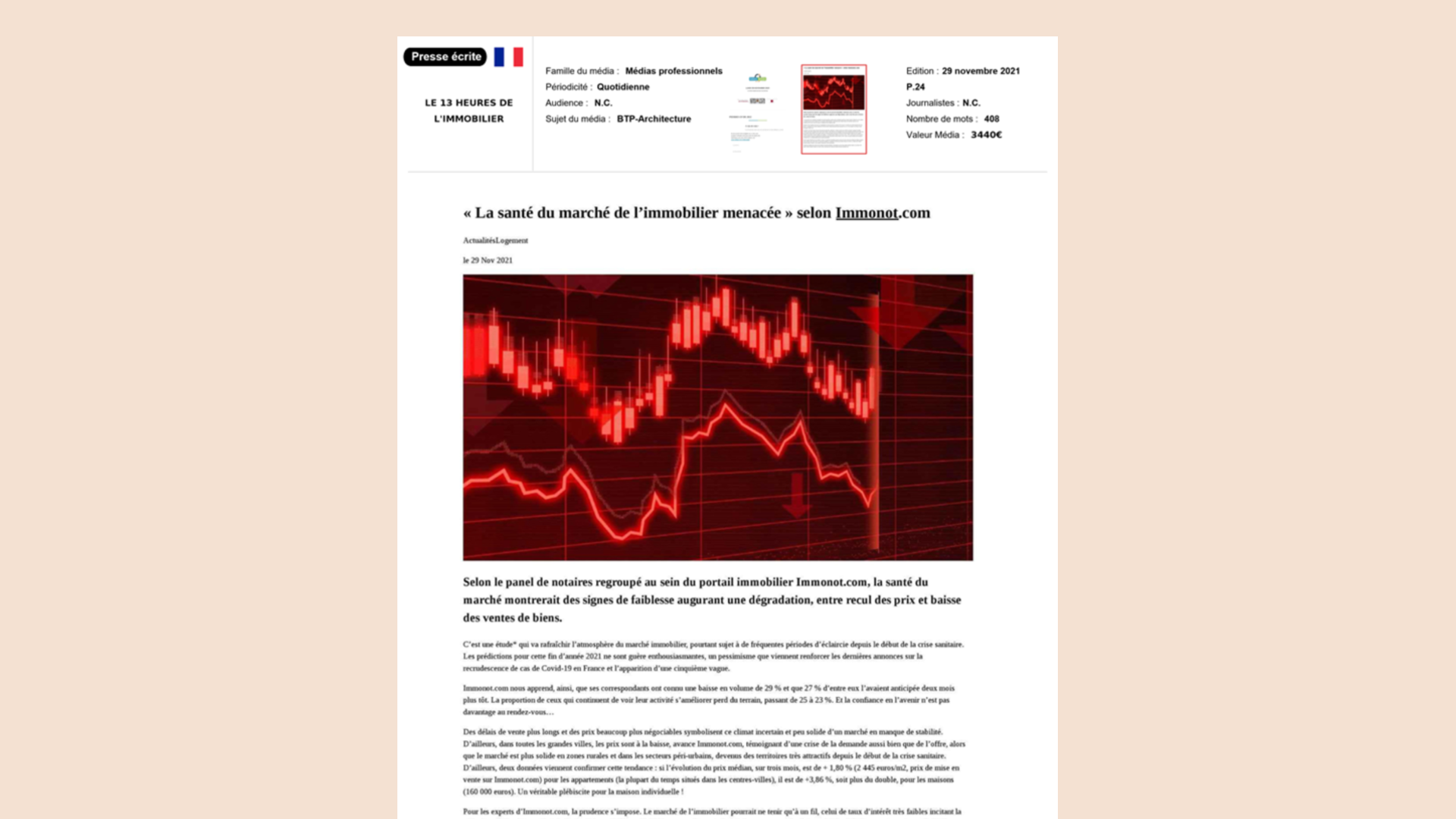 Article du 13h de l'immobilier : « La santé du marché de l'immobilier menacée selon Immonot.com »