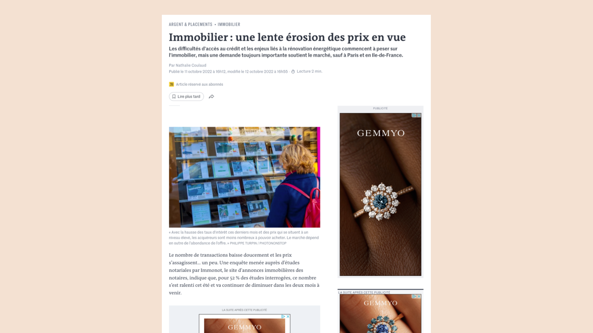 Article du journal Le Monde : « Immobilier : une lente érosion des prix en vue »