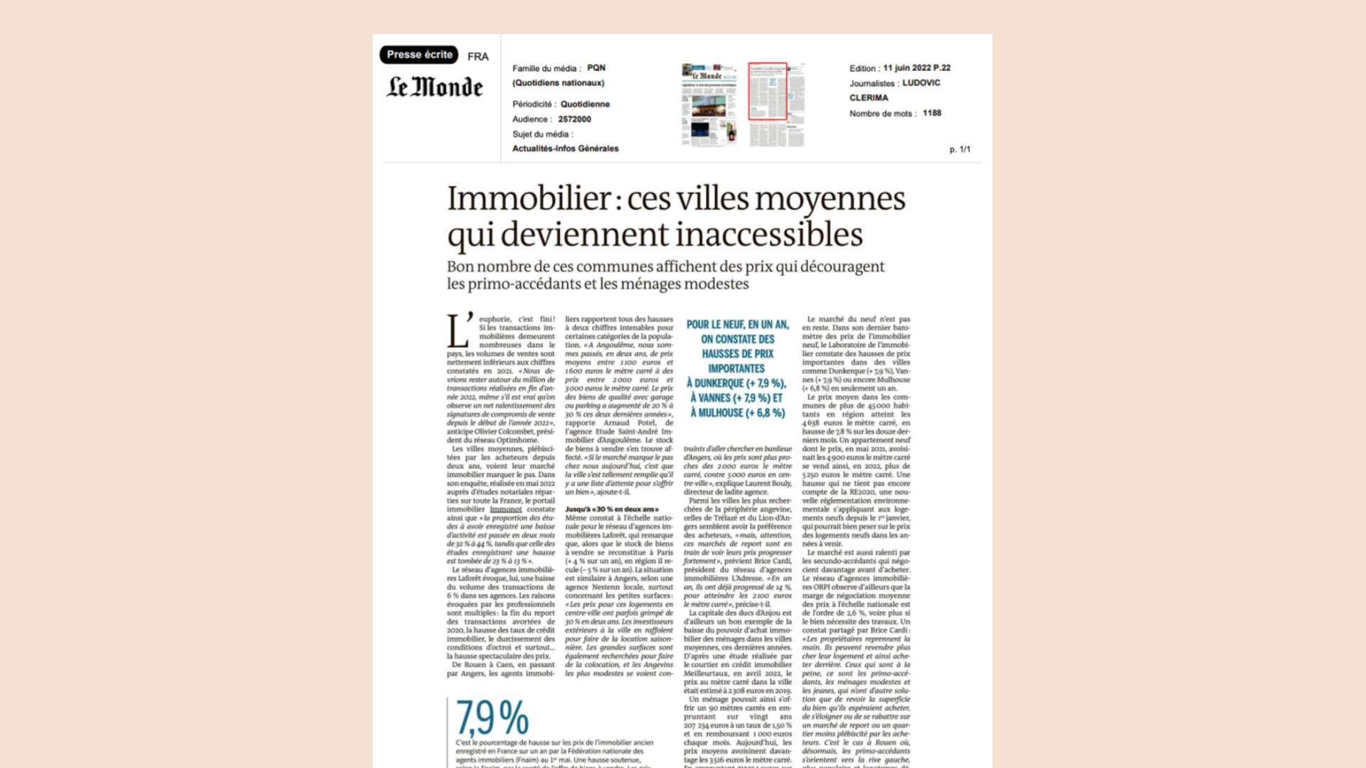 Article du journal Le Monde : « Immobilier : ces villes moyennes qui deviennent inaccessibles »