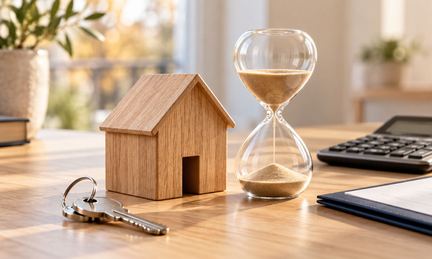 Maison miniature en bois, clés et sablier sur un bureau, avec une calculatrice en arrière-plan.