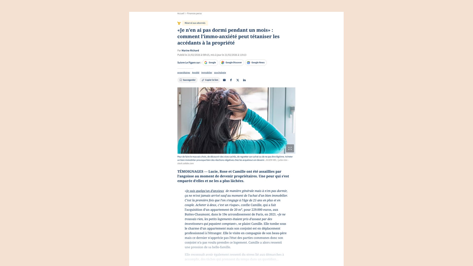 Article du Figaro : « « Je n'en ai pas dormi pendant un mois » : comment l'immo-anxiété peut tétaniser les accédants à la propriété »