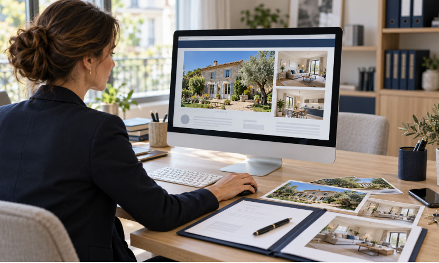 « Une négociatrice prépare une annonce immobilière sur ordinateur, avec les photos et le dossier du bien sur son bureau. »