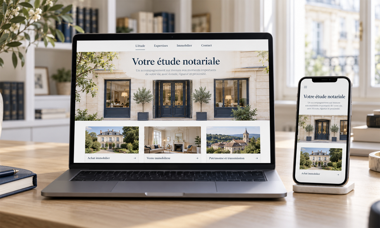 « Site internet d’une étude notariale affiché sur un ordinateur portable et un smartphone. »