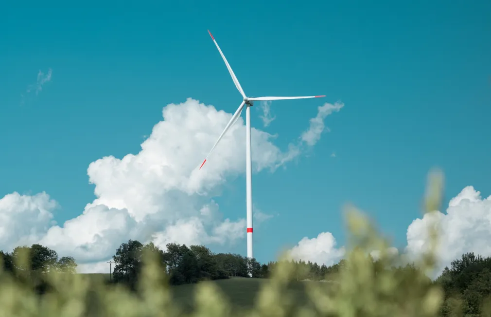 A photo of a solo wind turbine with greenery at the front of the photo and blue sky behind