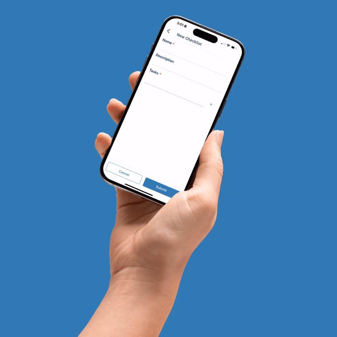 Hand holding smartphone with a new checklist form to enter name, description, and tasks.