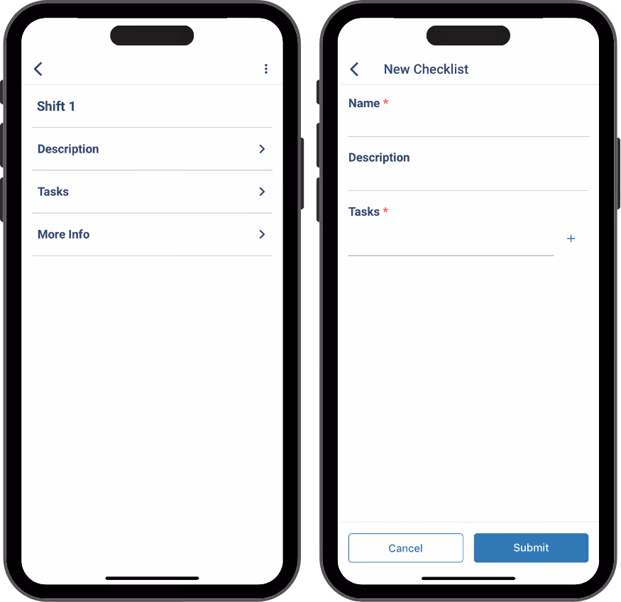 Two smartphone screens: shift checklist menu and form to create a new checklist with name and tasks fields.