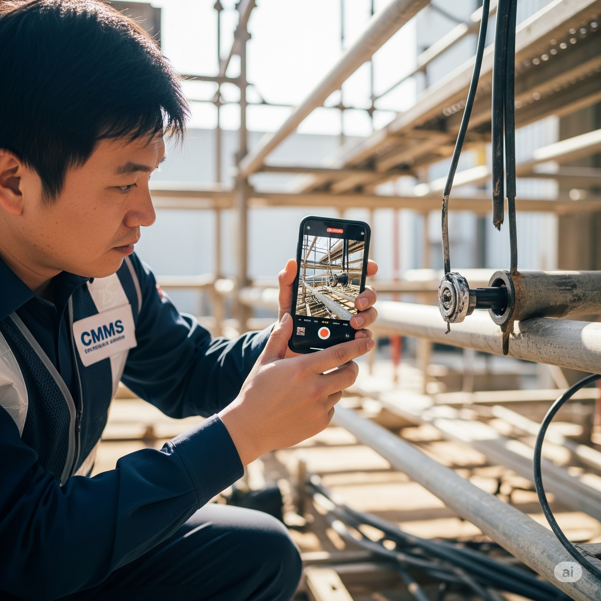 cmms technician taking a video on his phone