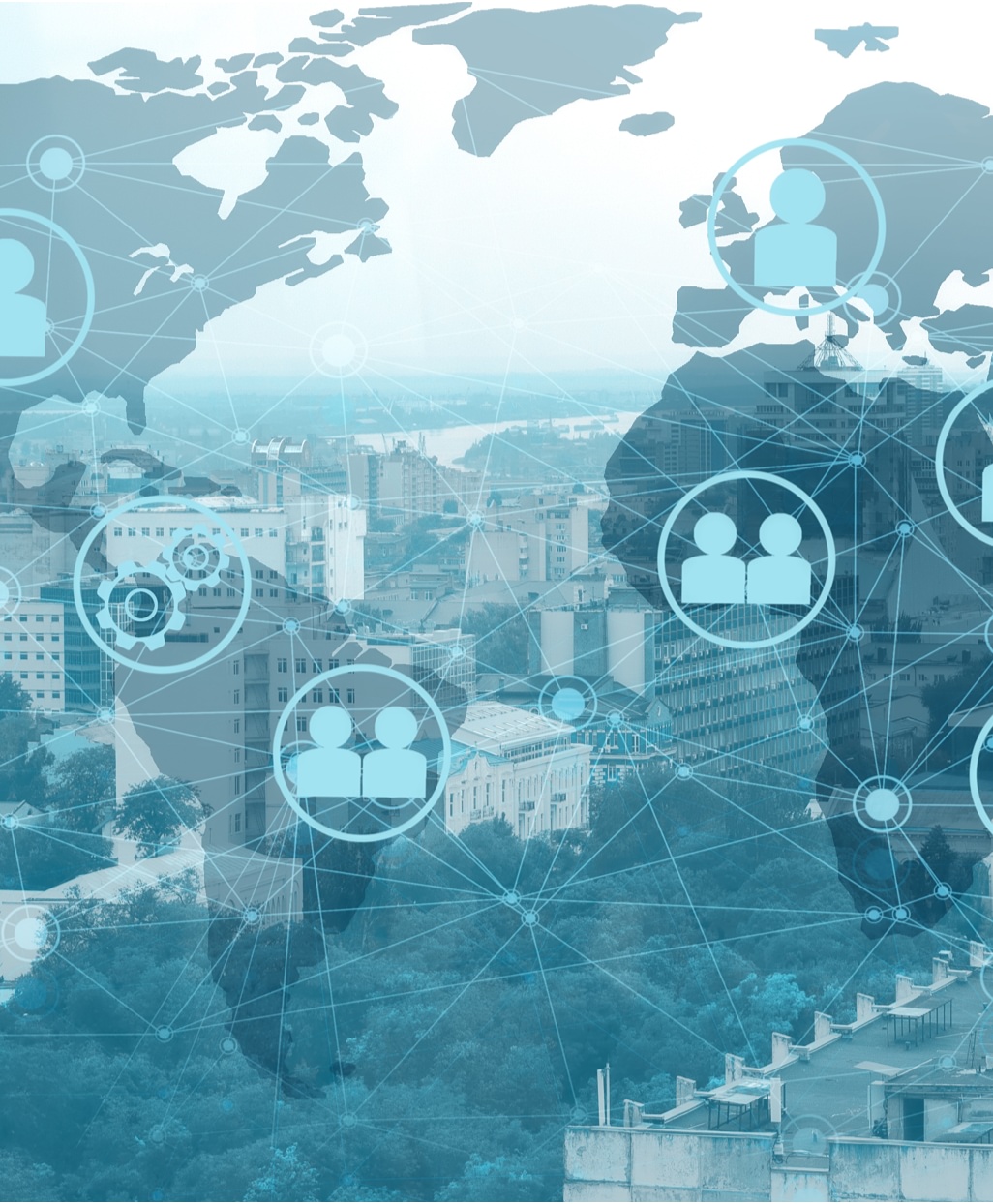 City landscape with icons and arrows overlayed