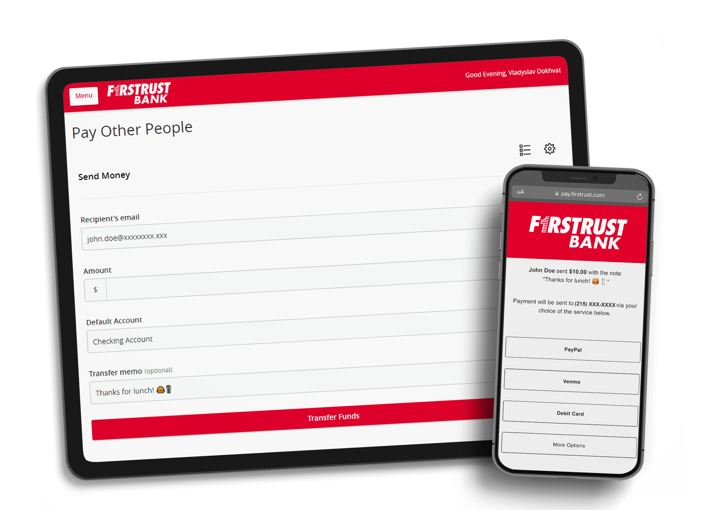 Tablet and phone with Firstrust pay other people feature