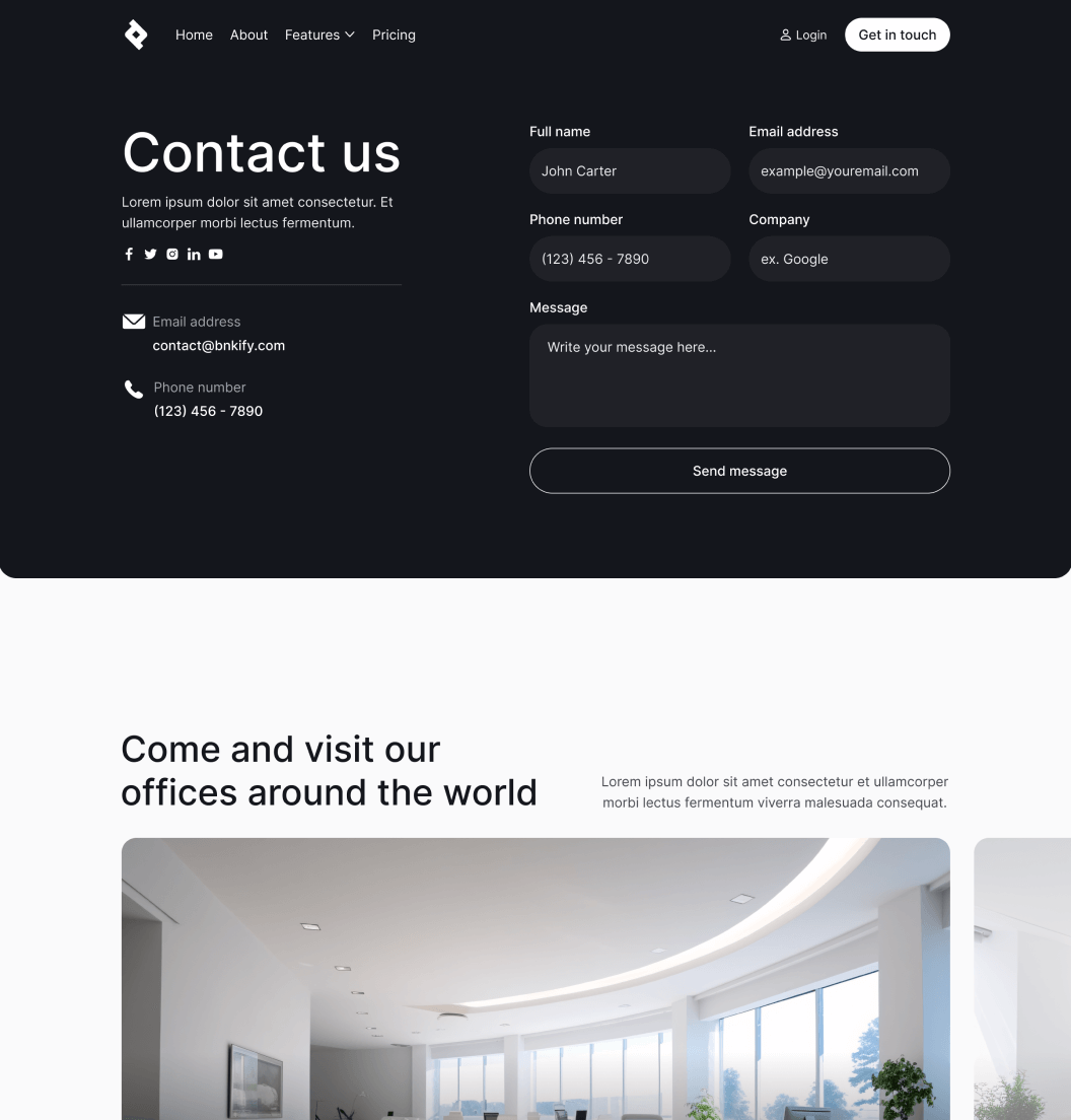 Bnkify X - Contact V1 Page - Bank And Fintech Webflow Template