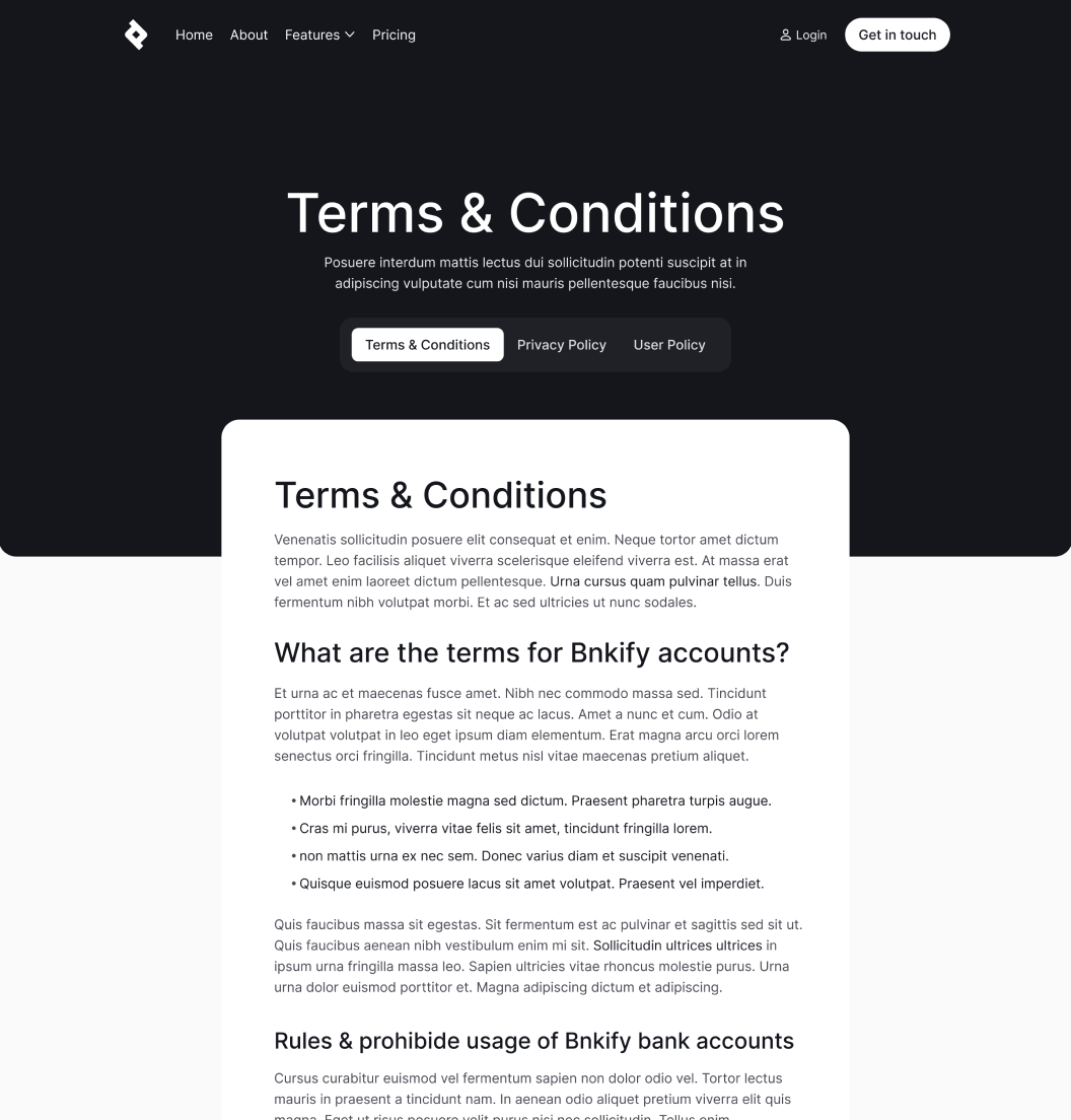 Bnkify X - Terms And Conditions Page - Bank And Fintech Webflow Template