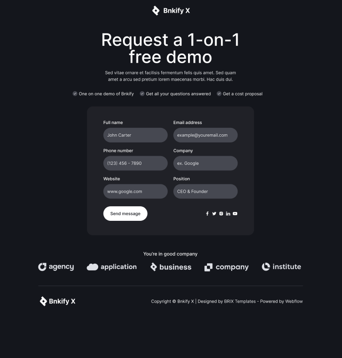 Bnkify X - Schedule A Demo Page - Bank And Fintech Webflow Template