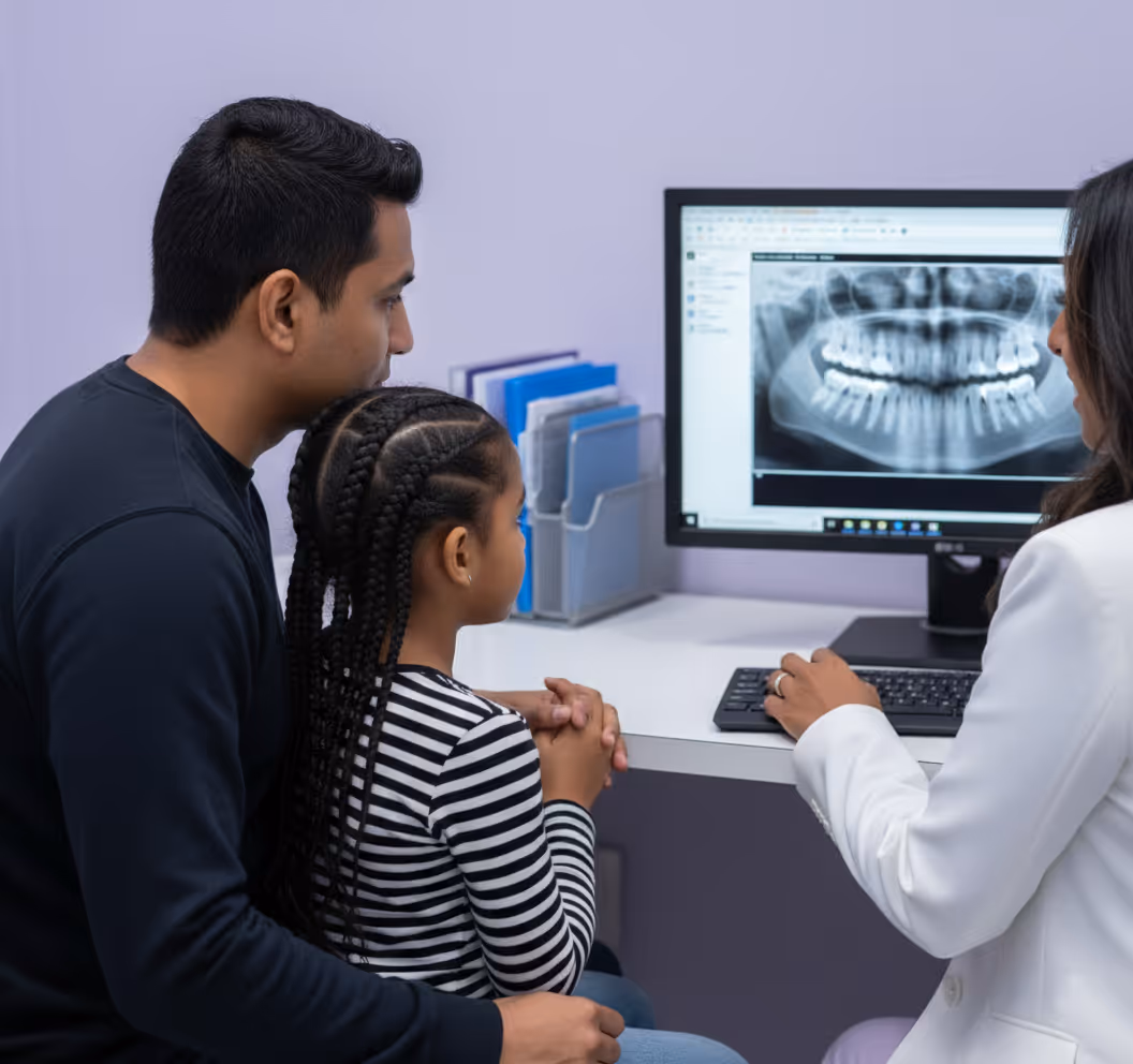 Female pediatric dentist with long dark hair in a white coat smiling warmly as she demonstrates proper brushing technique on a large teeth model to a young girl with long dark hair seated in the dental chair, during an engaging educational moment inside a bright, sunlit operatory.