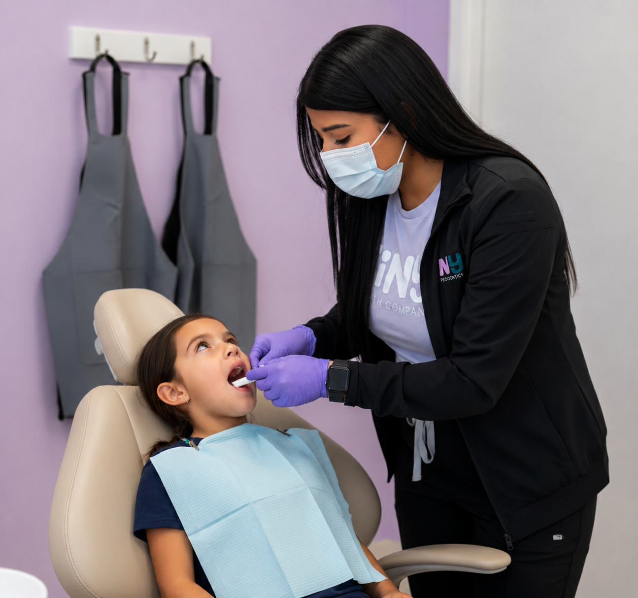 Female pediatric dentist with long dark hair in a white coat, mask, and lavender gloves smiling warmly while holding a rainbow-colored dental mirror and gently showing it to a young boy seated in the treatment chair with a tan bib, during a playful learning moment inside a bright lavender-walled operatory.