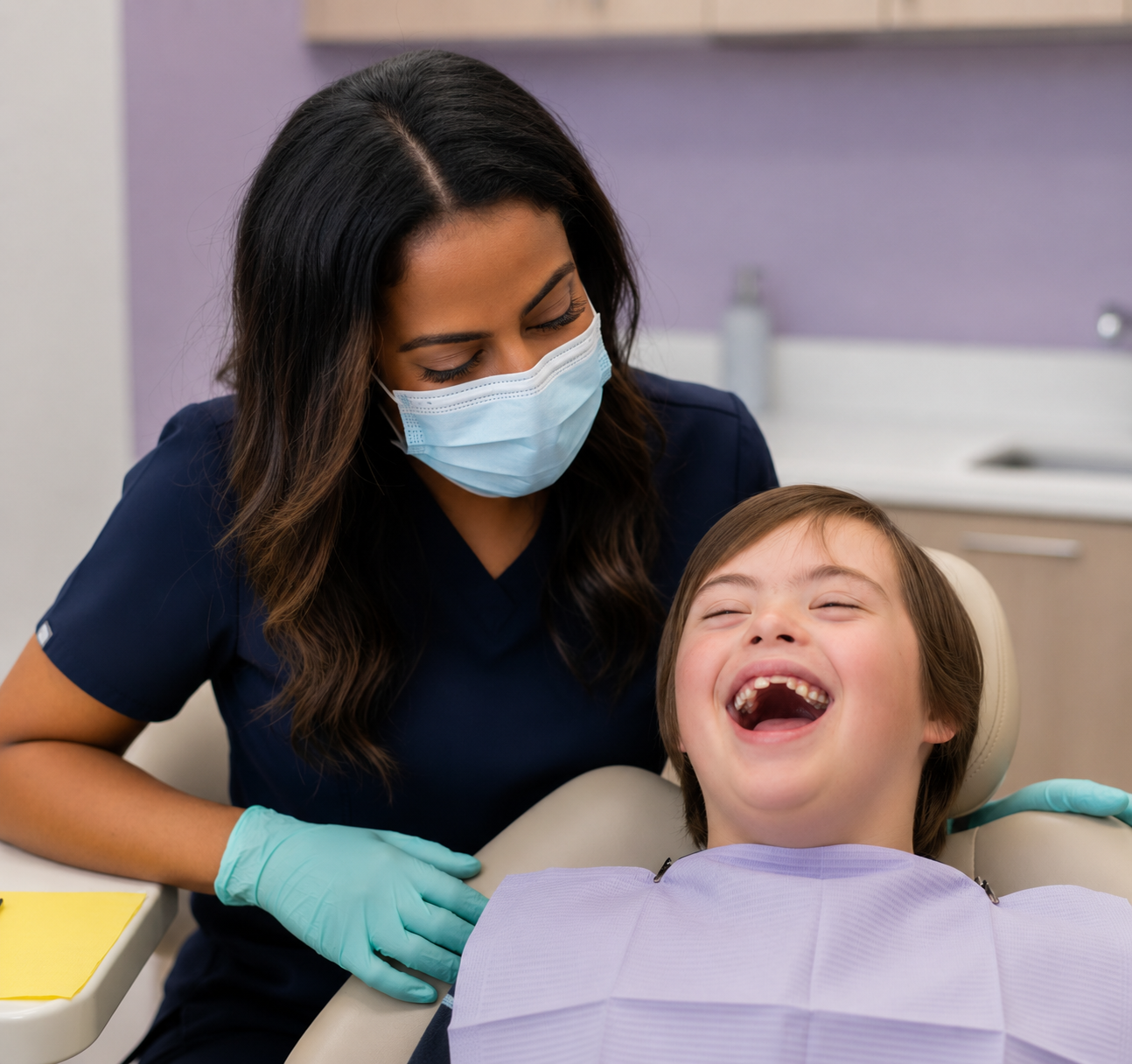 Female pediatric dental hygienist with long dark wavy hair in navy blue scrubs smiling warmly down at a young girl with Down syndrome reclined in the treatment chair, who is laughing joyfully with her eyes closed while wearing a lavender dental bib, captured during a heartwarming inclusive dental visit inside a softly lit operatory.