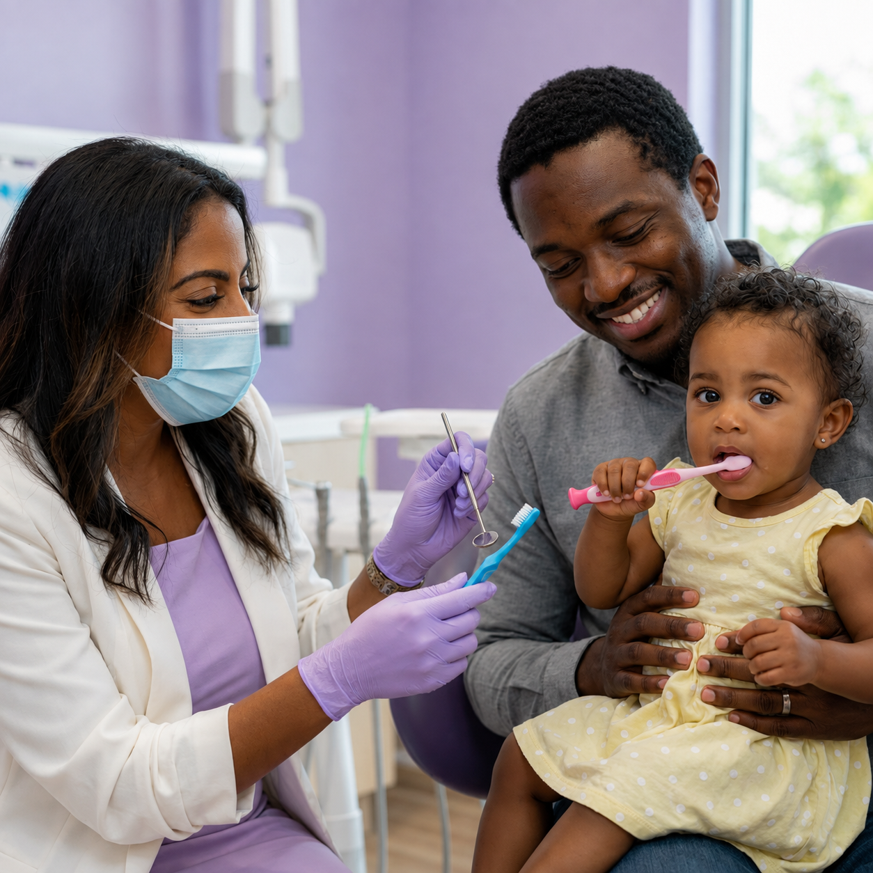 Pediatric dentist smiling and demonstrating proper brushing technique with a toothbrush and dental mirror to a toddler, who imitates her with a pink toothbrush while sitting on her father’s lap; the father looks on supportively in a bright, clean, child-friendly dental clinic.