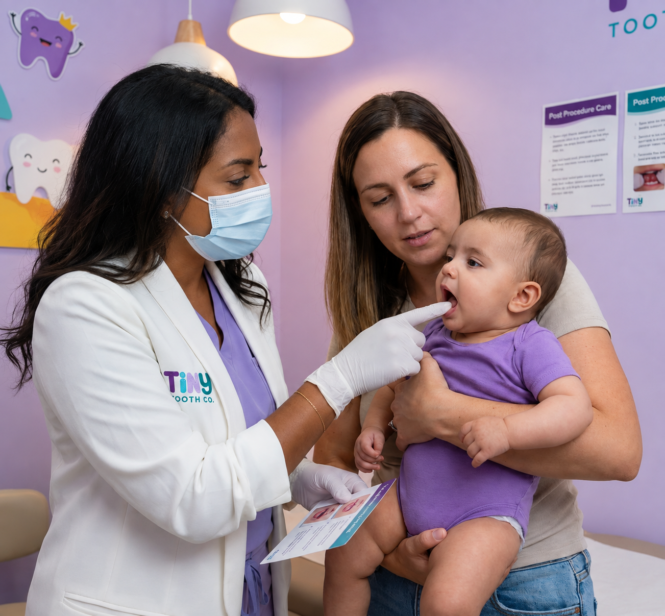 Tiny Dental Company pediatric dentist in The Woodlands, TX examining a baby’s mouth during a gentle infant dental visit while the mother holds the child in a bright, kid-friendly exam room.