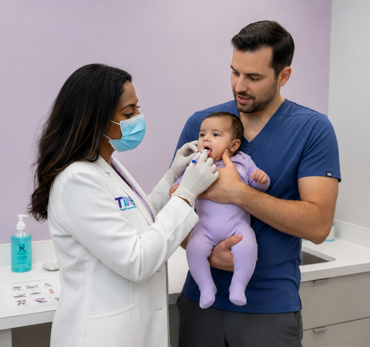 Dr. Sarah with dad holding baby
Dr. Sarah Arafat, pediatric dentist and founder of Tiny Dental Company, in a white coat smiling warmly as she gently interacts with a baby held by the father in a blue shirt, captured during a friendly first-visit consultation at Tiny Dental Company in The Woodlands, TX.
