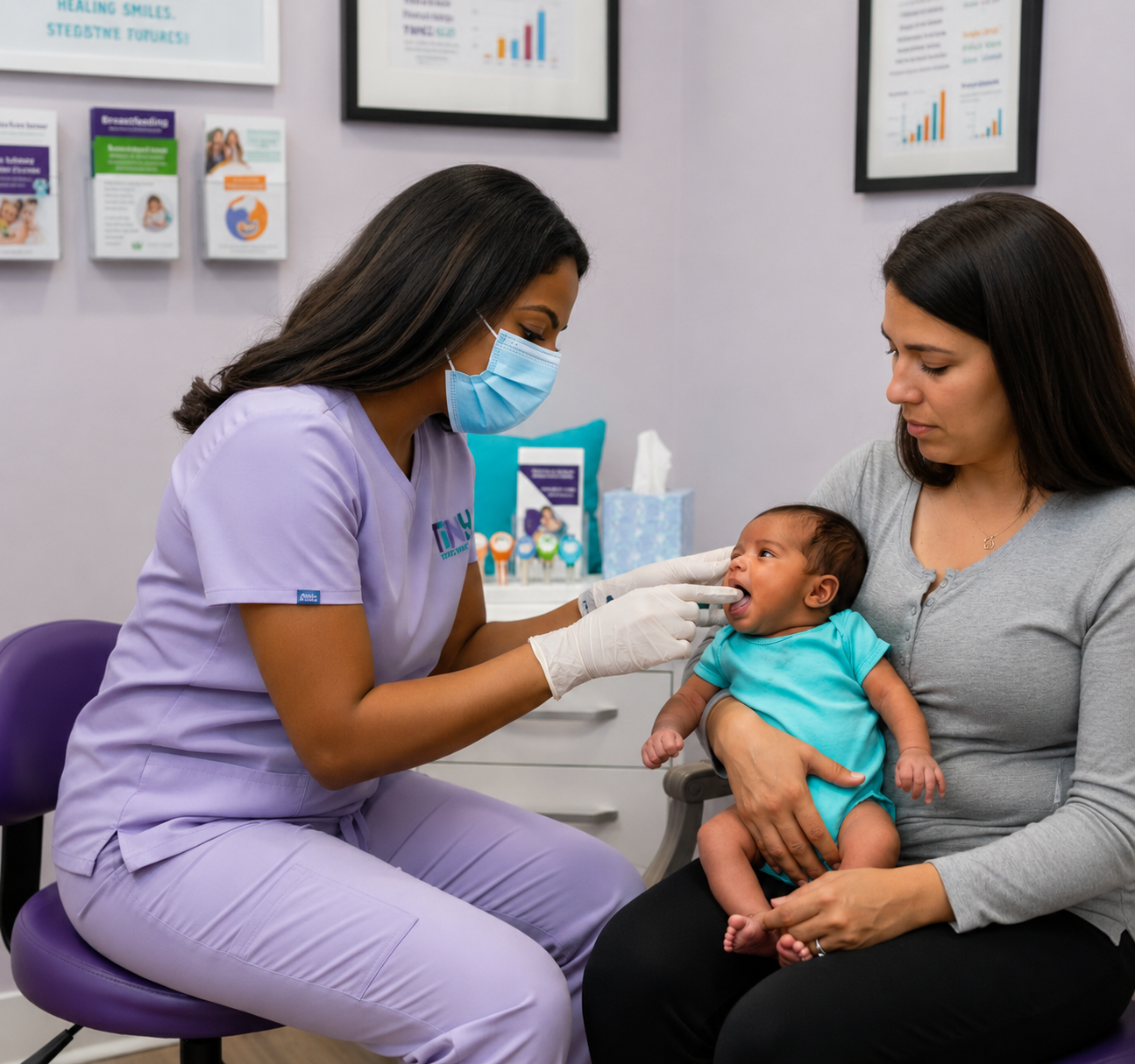 Dentist in lavender scrubs holding baby with mom Female pediatric dentist in lavender scrubs gently holding a young infant with the mother close beside her, captured during a warm, reassuring first-visit consultation inside a softly lit operatory at Tiny Dental Company in The Woodlands, TX.