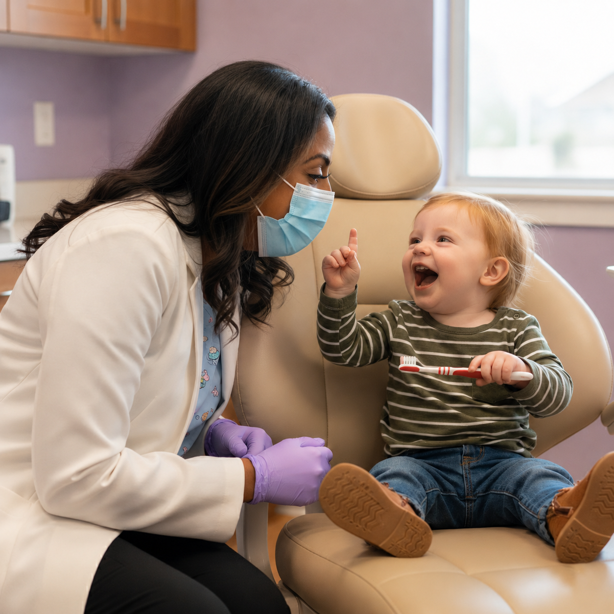 Dr. Sarah with toddler pointing at tooth
Dr. Sarah Arafat, pediatric dentist and founder of Tiny Dental Company, in a white coat smiling warmly as she interacts with a cheerful toddler who is pointing to his tooth during a playful, friendly first dental visit in The Woodlands, TX.