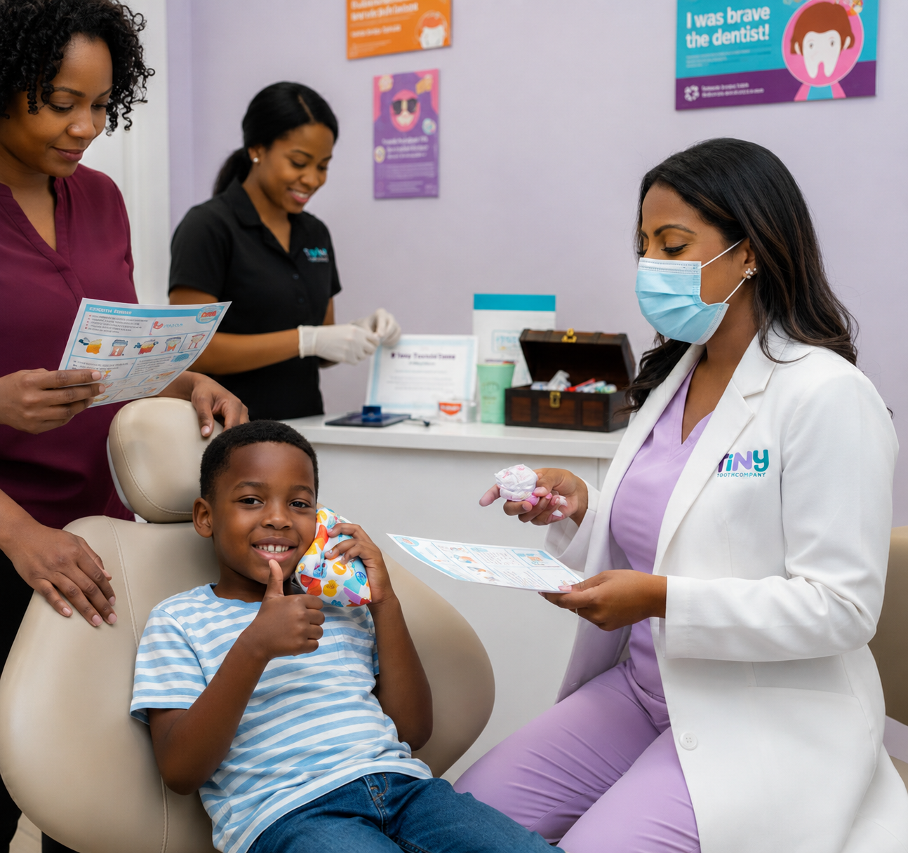 Dr. Sarah with child drinking from cup
Dr. Sarah Arafat with long dark hair in a white coat standing beside a young Black boy seated in the dental chair drinking from a cup, captured in a warm, reassuring moment inside a bright operatory at Tiny Dental Company in The Woodlands, TX.
