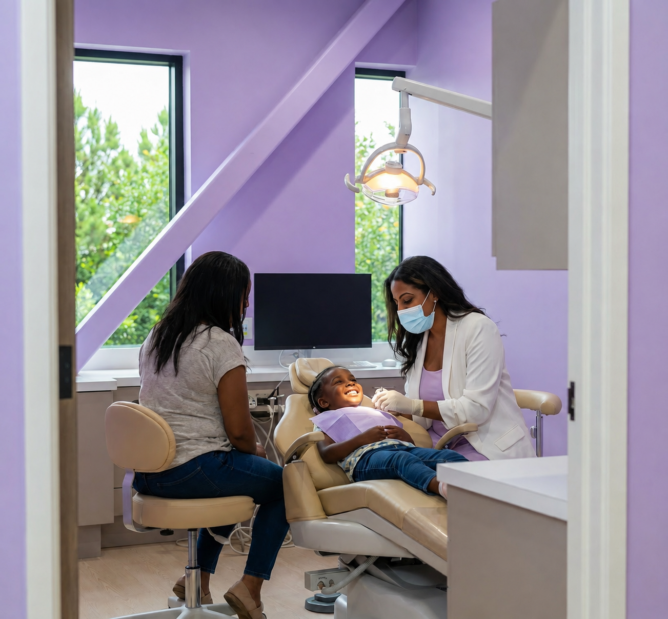  Mom and dentist standing in treatment room
Female pediatric dentist with long dark hair in a white coat standing and chatting with a mother beside the empty dental chair, inside a softly lit treatment room with lavender accent walls and a large window overlooking greenery at Tiny Dental Company in The Woodlands, TX.