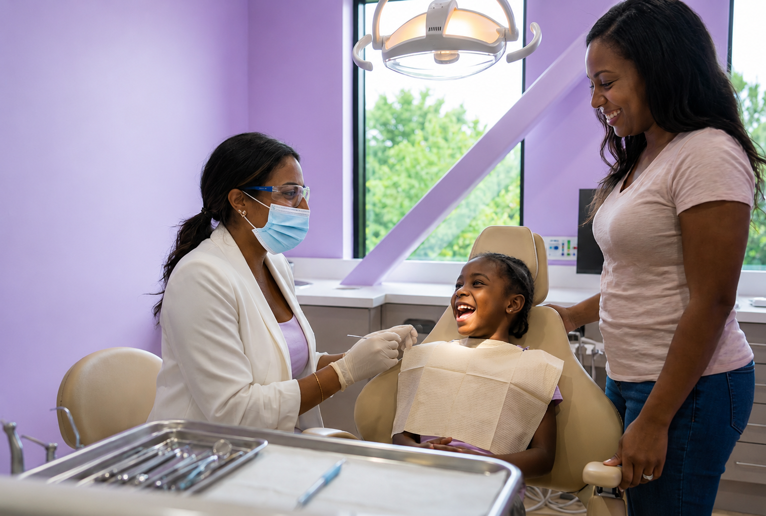 Two women (dentist and mom) standing beside girl in chair
Female pediatric dentist with long dark hair in a white coat standing beside a young girl reclined in the dental chair while the child's mother stands attentively next to them, gathered together in a softly lit operatory during a family-focused visit at Tiny Dental Company in The Woodlands, TX.