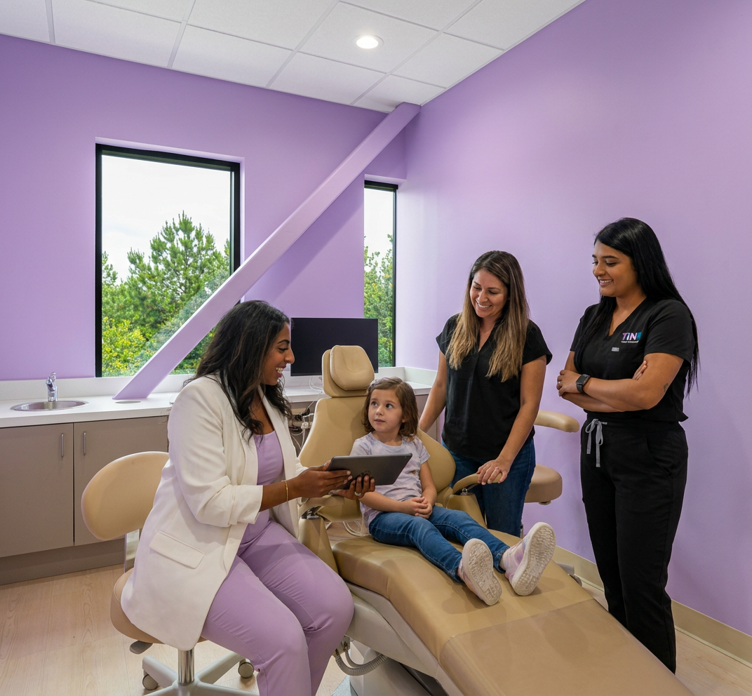 Pediatric dentist consulting with a family about tongue tie and airway care at Tiny Dental Company in The Woodlands, TX.
