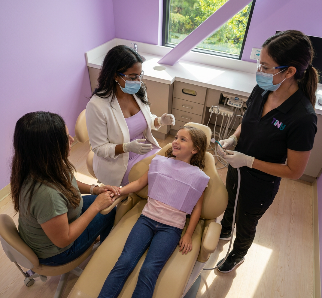 Child having a dental cleaning visit at Tiny Dental Company in The Woodlands, TX.