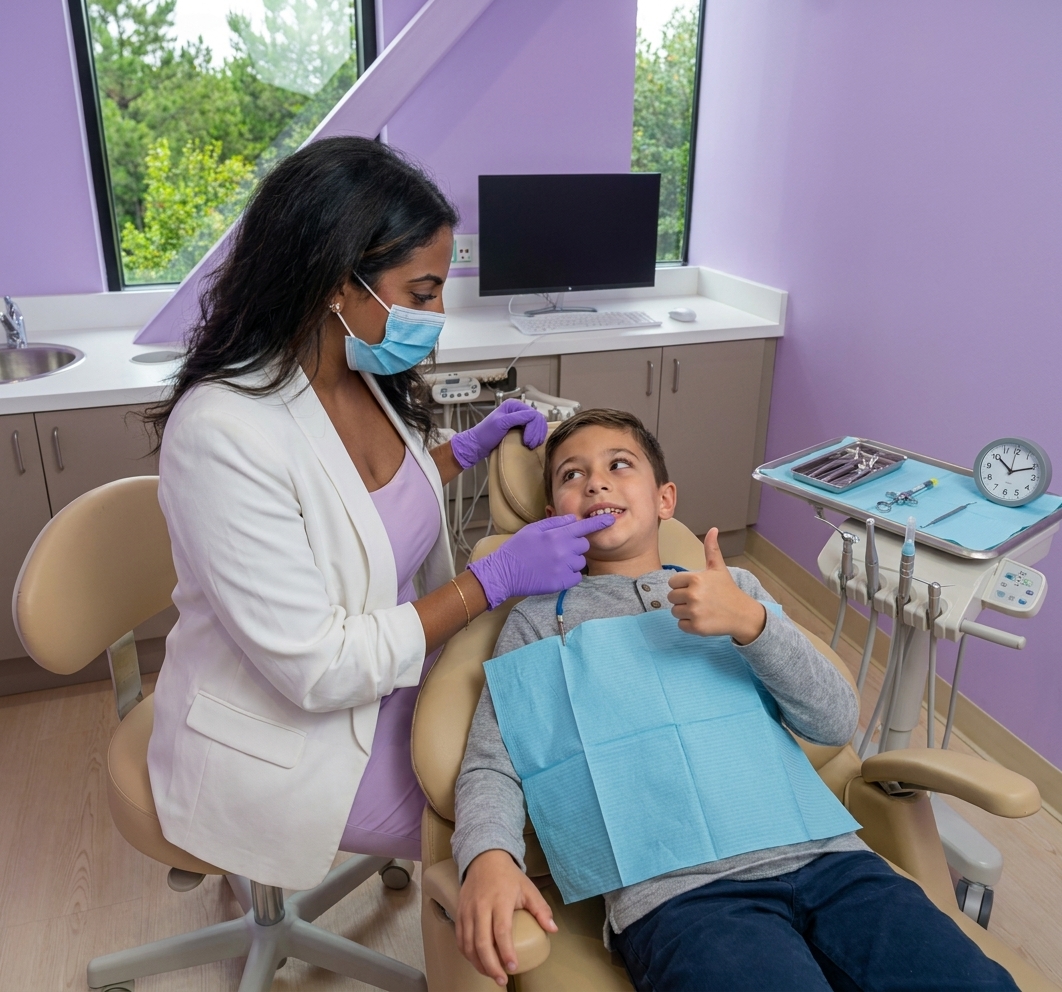 Pediatric dental team member with a young patient during a cleaning visit at Tiny Dental Company.