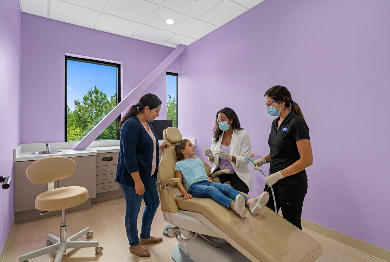 Dr. Sarah in PPE examines a child's teeth during an oral health exam, assisted by a Dental Assistant in a modern treatment room.