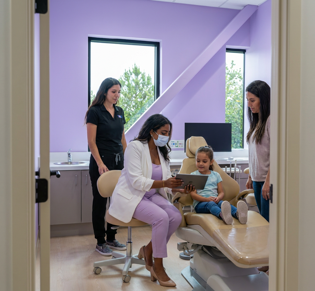 Dr. Sarah, in PPE, consults with a child patient and parent during an Infant Oral Health Exam in a treatment room.