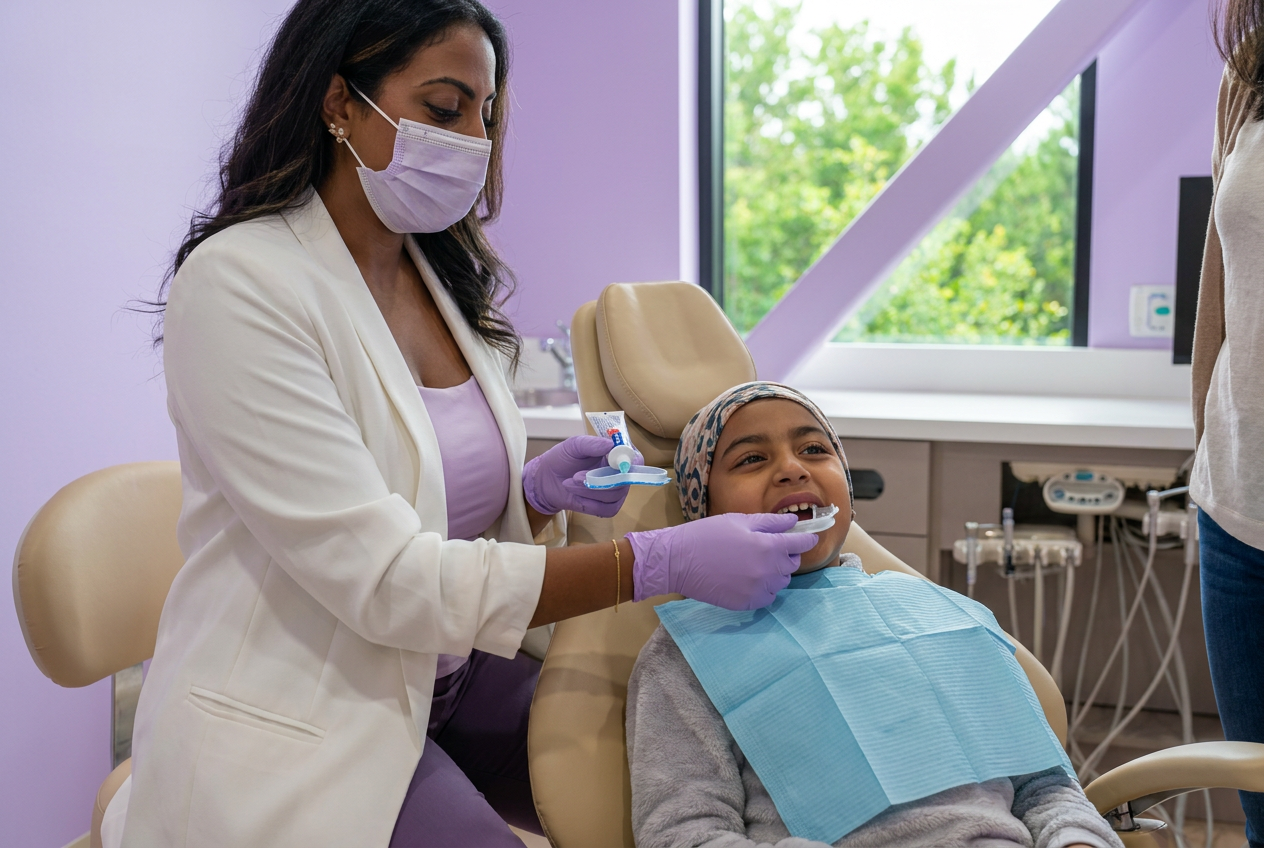 Dr. Sarah carefully applies prescription-strength fluoride gel to a child's custom trays for post-radiation decay prevention.
