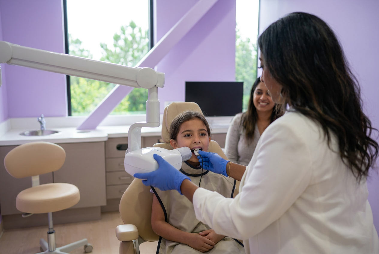 Dr. Sarah takes dental X-rays of a child patient wearing a protective shield in a modern treatment room.