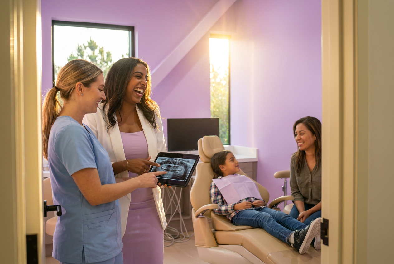 Dr. Sarah, a dentist, and a hygienist review panoramic X-rays on a tablet with the parents while the pediatric patient waits.