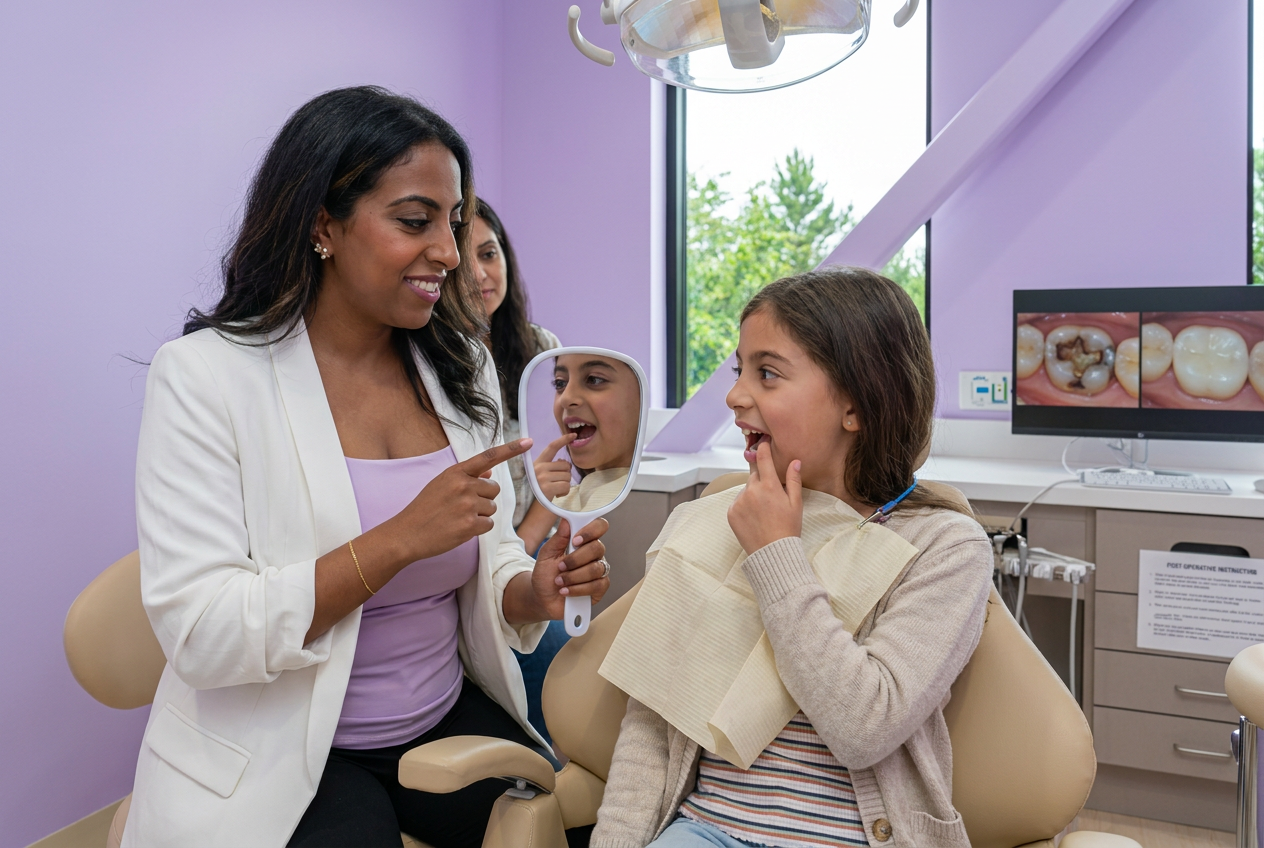 Dr Sarah, child, and parent examine mirror, amazed by seamlessly blended composite filling.