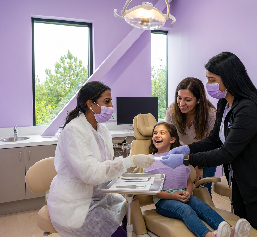Dr. Sarah, wearing PPE, prepares instruments on a tray for a child's frenectomy in a modern, welcoming dental treatment room.