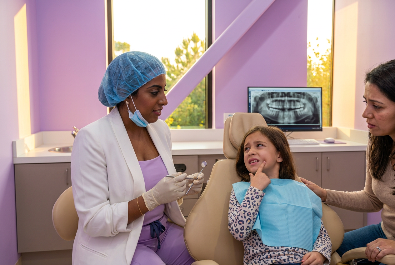 Dr. Sarah consults with a young patient experiencing tooth pain during an emergency pediatric dentistry appointment.