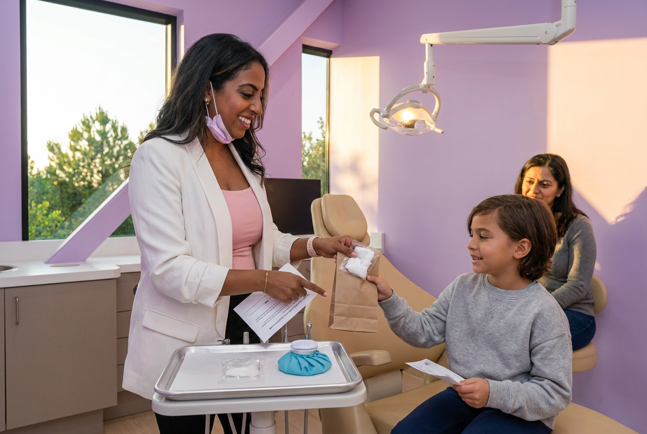 Dr Sarah gives aftercare instructions and supplies to a relieved child patient after pediatric emergency dentistry.