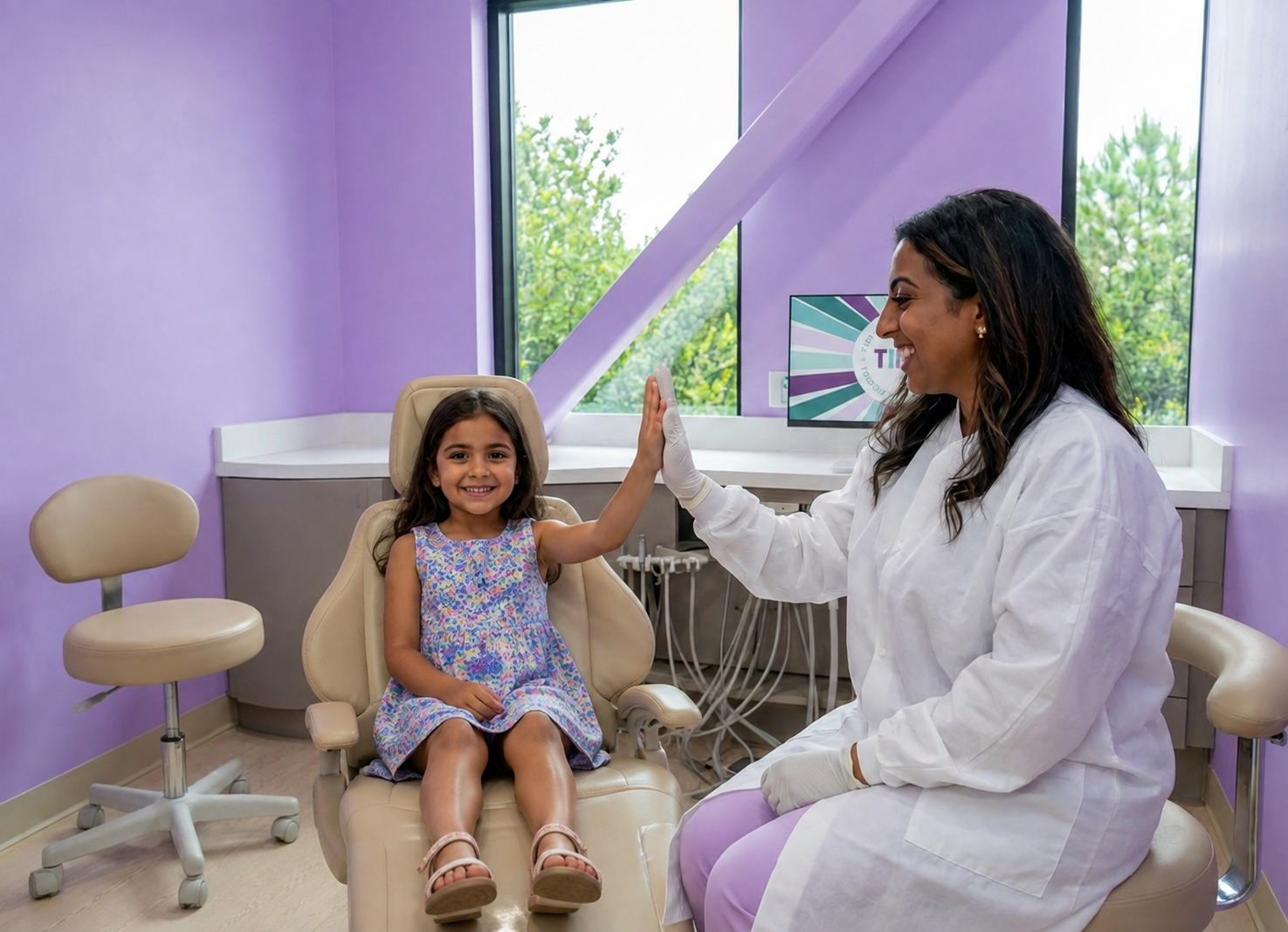 Smiling child enjoying a fun, stress free dental cleaning visit at Tiny Dental Company.