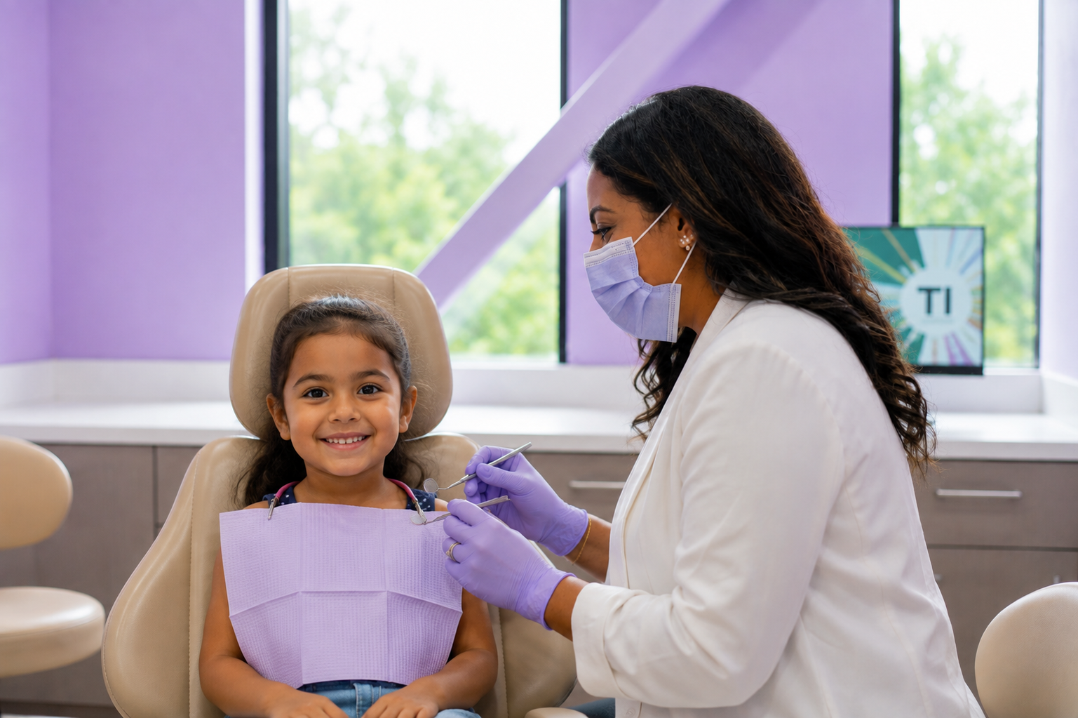 Pediatric dental team member caring for a young patient during a visit at Tiny Dental Company.