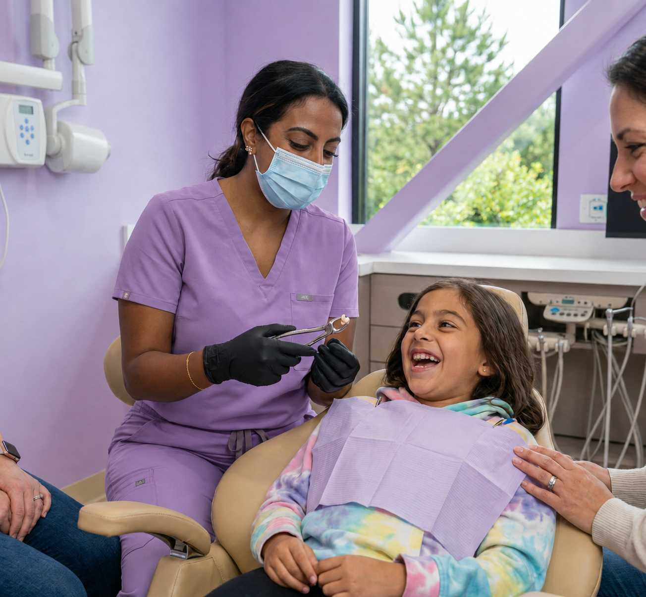Smiling child during a dental visit at Tiny Dental Company in The Woodlands, TX.
