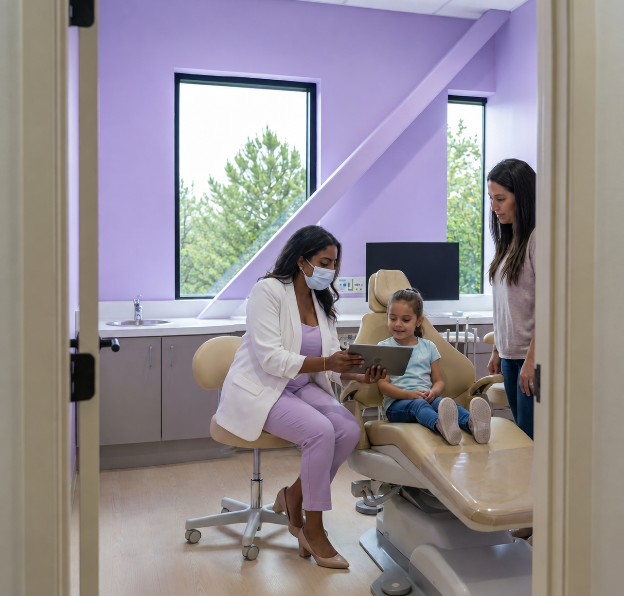 Dr. Sarah, in PPE, consults with a child patient and parent during an Infant Oral Health Exam in a treatment room.