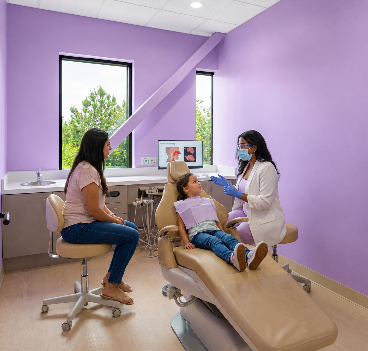 Dr. Sarah, in PPE, explains and educates parent on healthy dental tips during an Infant Oral Health Exam in a treatment room.