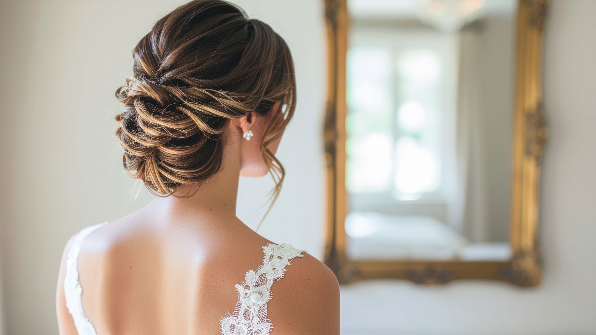 Bride with elegant updo hairstyle standing in front of a mirror with a gold frame