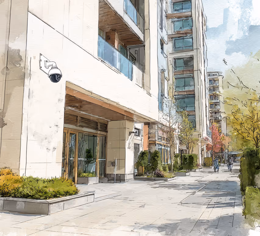 Illustration of the entrance of an apartment building showing a security camera in the left corner.