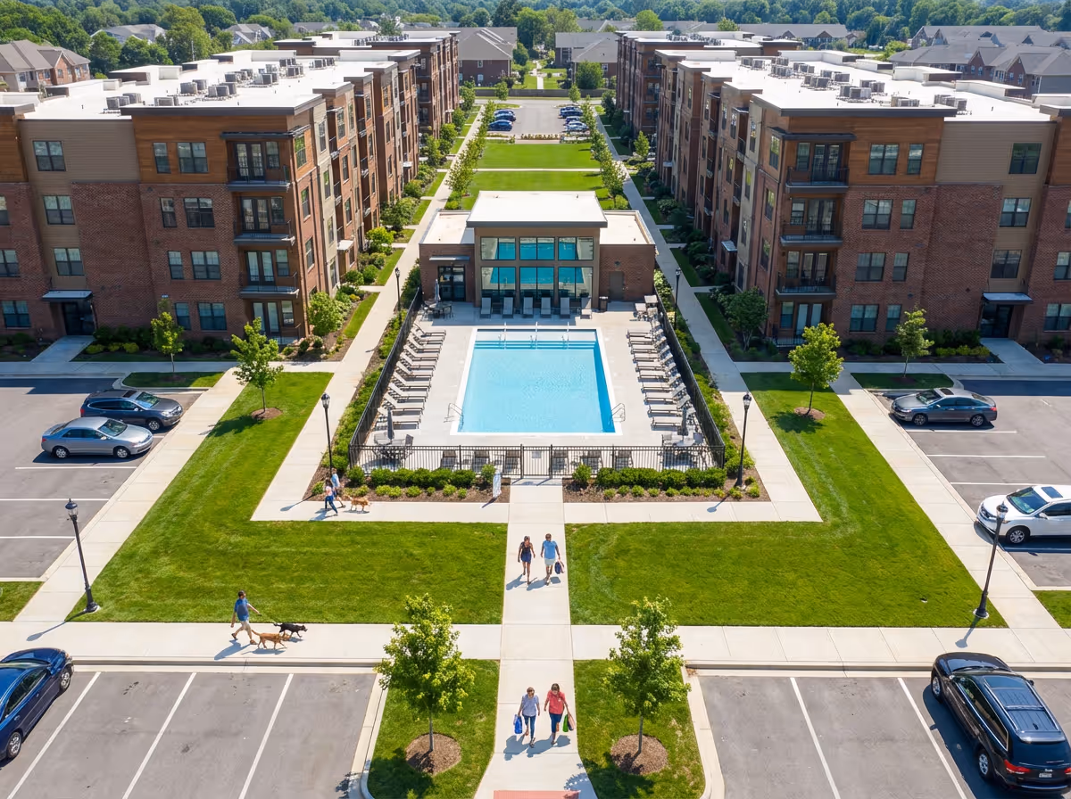 Aerial view of an apartment community having in the center the community pool where residents are walking around the area on a sunny day.